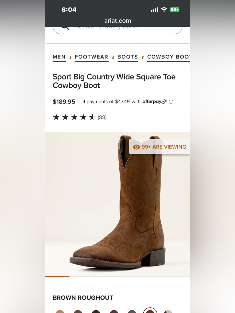 Ariat Wide Square Toe Cowboy Boot - Brown Suede, size 7